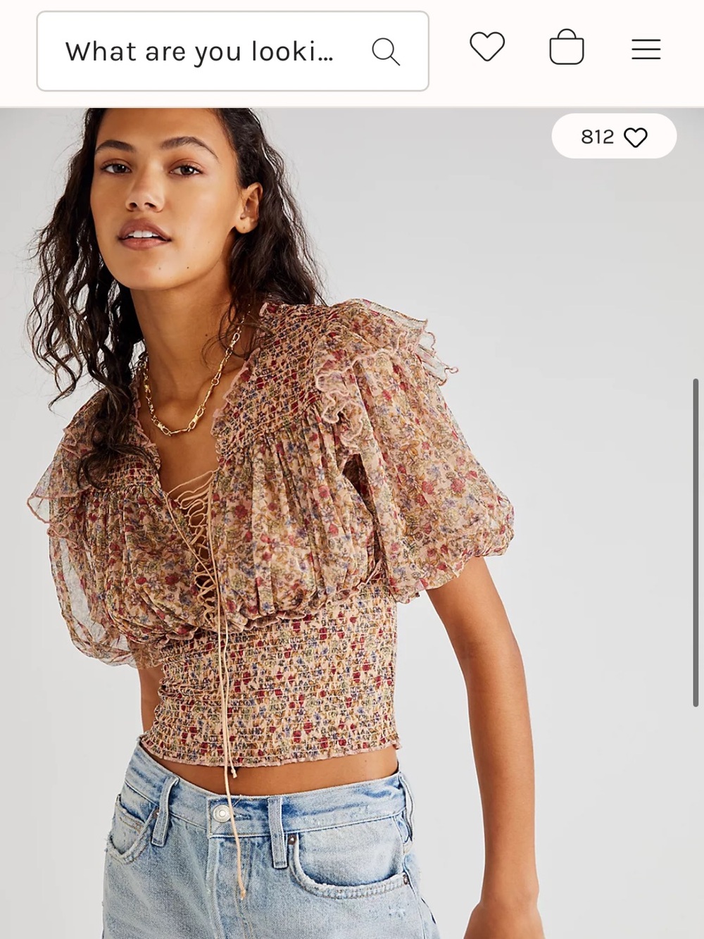 Free People Floral Lace-Up Smocked Crop Top - Pink Multi